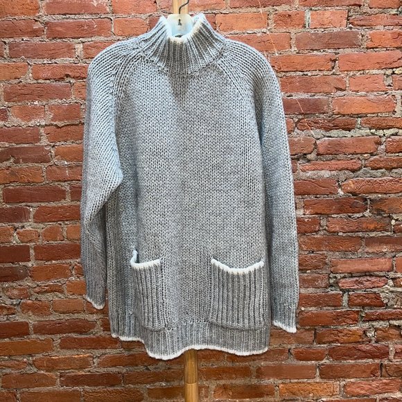Laura Peterson 80s Vintage Gray Wool Blend Tunic Chunky Knit Sweater w Pockets L - Picture 5 of 7